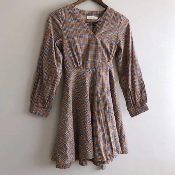 Preppy Plaid Wrap Skirt Tie Waist Long Sleeve V Neck Flowy Mini Dress Brown - Picture 11 of 11